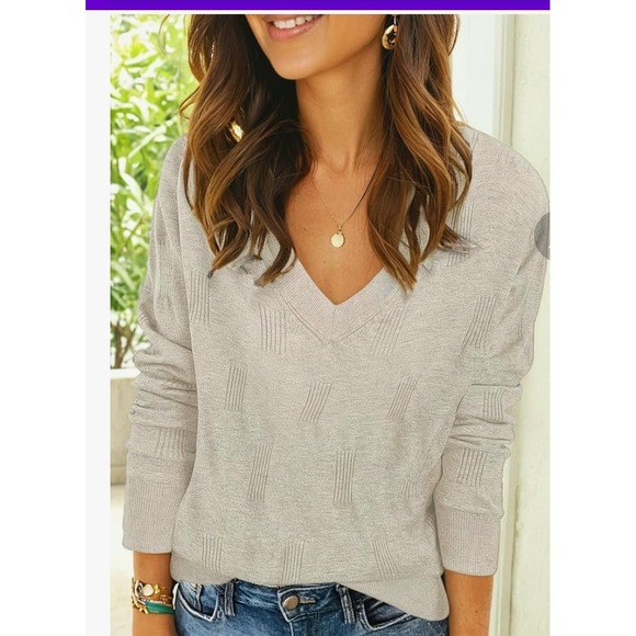 Womens V Neck Sweater Long Sleeve Knit Pullover Casual Relaxed Fit Top - Picture 1 of 4
